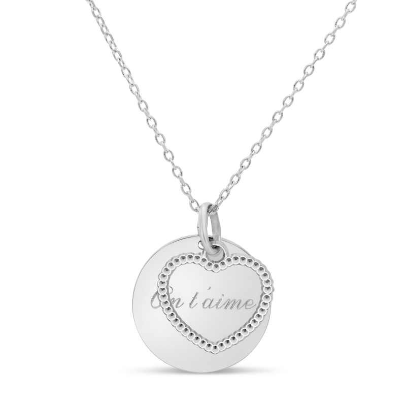 Collier personnalisé médaille lisse et charm coeur ajouré, argent