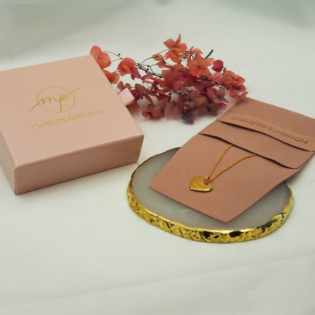 Collier personnalisé bicolore rose et jaune, perles Heishi avec charms, acier