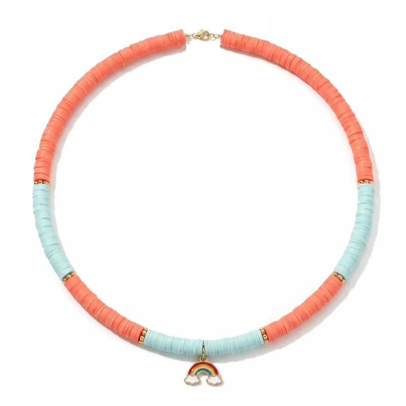 Collier enfant personnalisé bicolore corail et bleu, perles Heishi avec charms, acier