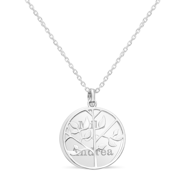 Collier gravé double médaille lisse et pendentif arbre de vie, argent