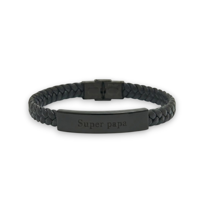 Bracelet Cuir Homme et petite Plaque Acier noire