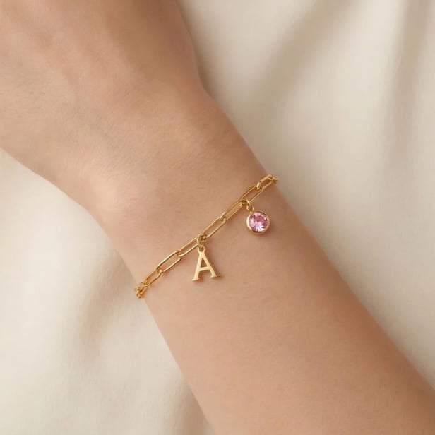 Bracelet charms initiale et pierre personnalisé, acier inoxydable