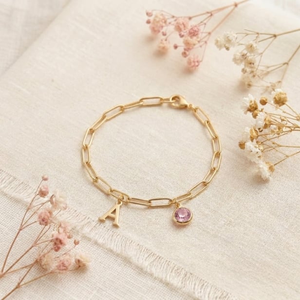 Bracelet charms initiale et pierre personnalisé, acier inoxydable