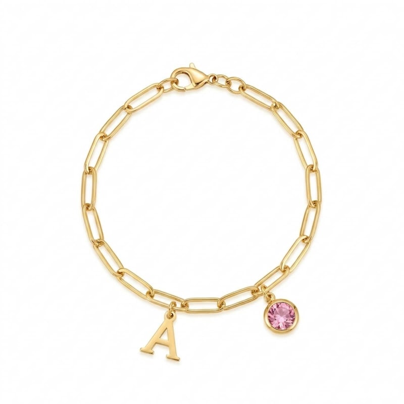 Bracelet charms initiale et pierre personnalisé, acier inoxydable