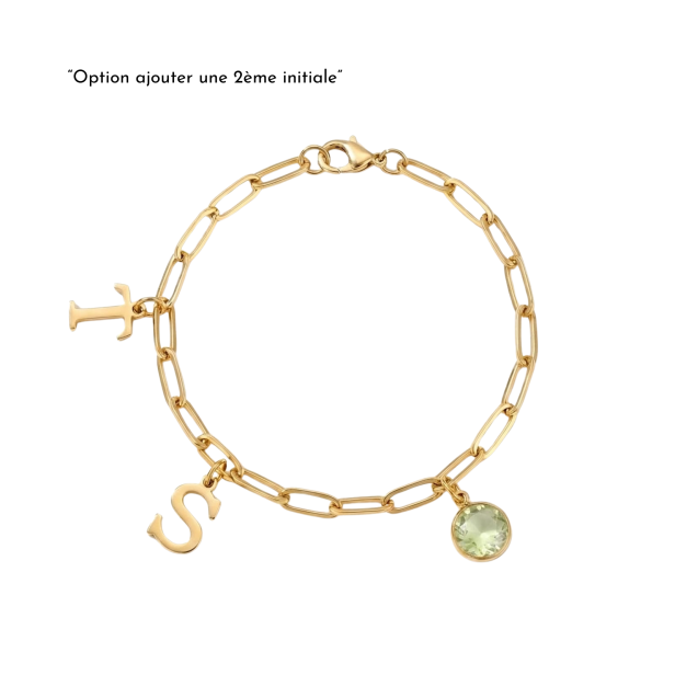 Bracelet charms initiale et pierre personnalisé, acier inoxydable