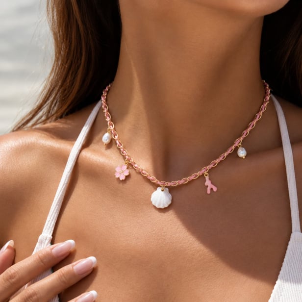 Collier charms personnalisé chaîne dorée et cordon rose, acier inoxydable
