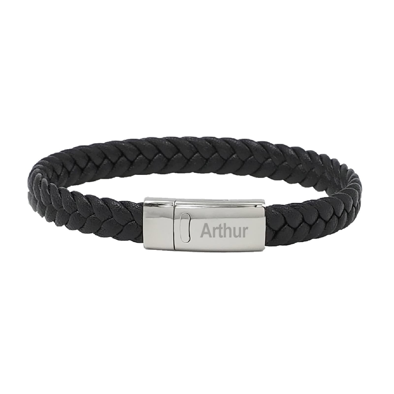 Bracelet enfant personnalisé en cuir tressé noir avec boucle argentée