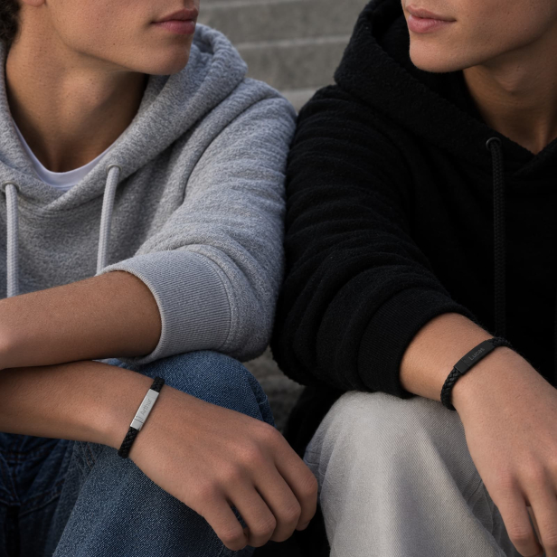 Bracelet enfant personnalisé en cuir tressé noir avec boucle noir