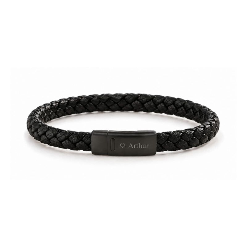 Bracelet enfant personnalisé en cuir tressé noir avec boucle noir