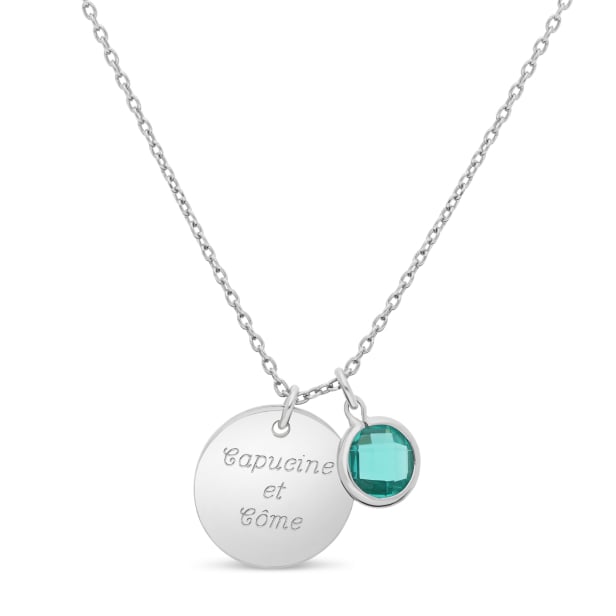 Collier personnalisé médaille martelée et pierre verte, argent