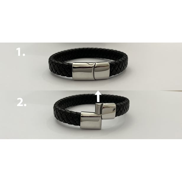 Bracelet homme gravé en cuir noir, boucle noire