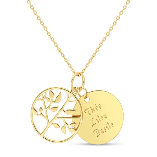 Collier gravé double médaille lisse et pendentif arbre de vie, plaqué or