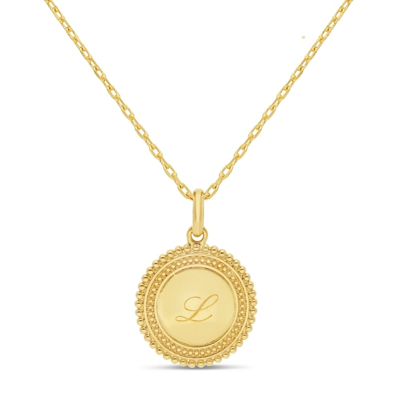 Collier médaille perlée et initiale gravée, plaqué or