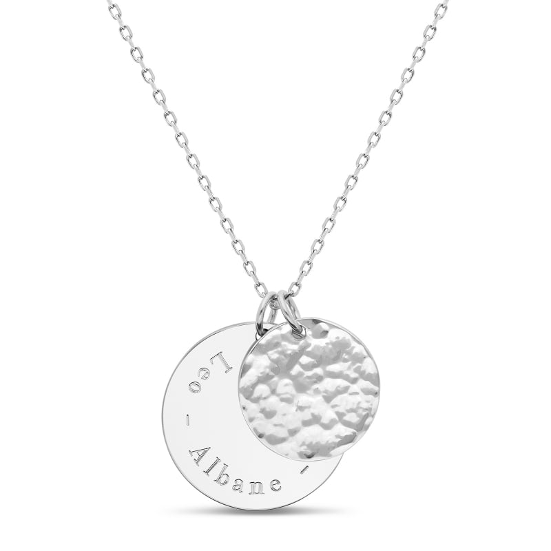Collier gravé double médaille lisse et charm martelé, argent
