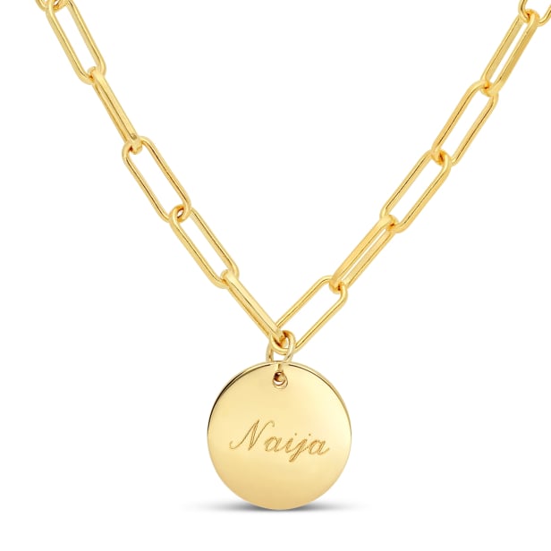 Collier personnalisé maille trombone & médaille lisse, plaqué or