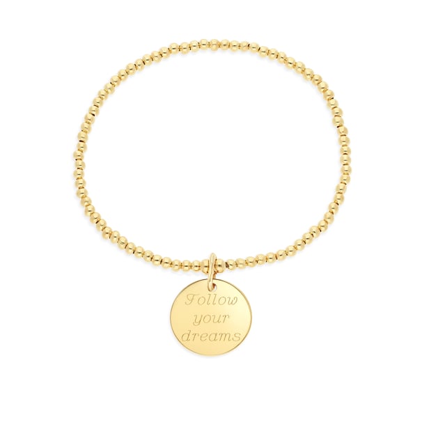 Packshot bracelet élastique perles Plaqué Or et médaille 15 mm gravée