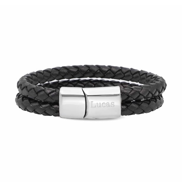 Bracelet homme personnalisé en cuir noir tressé, double tour avec boucle argentée