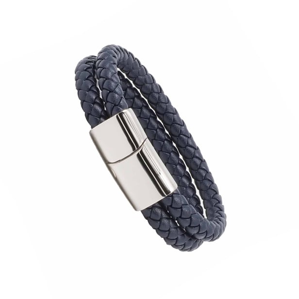 Bracelet homme personnalisé en cuir bleu tressé double tour, boucle argentée