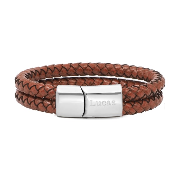 Bracelet homme personnalisé en cuir marron tressé, double tour avec boucle argentée