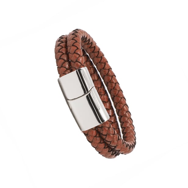 Bracelet homme personnalisé en cuir tressé double tour marron, boucle argentée
