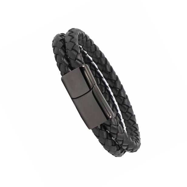 Bracelet homme personnalisé en cuir tressé double tour noir, boucle noire