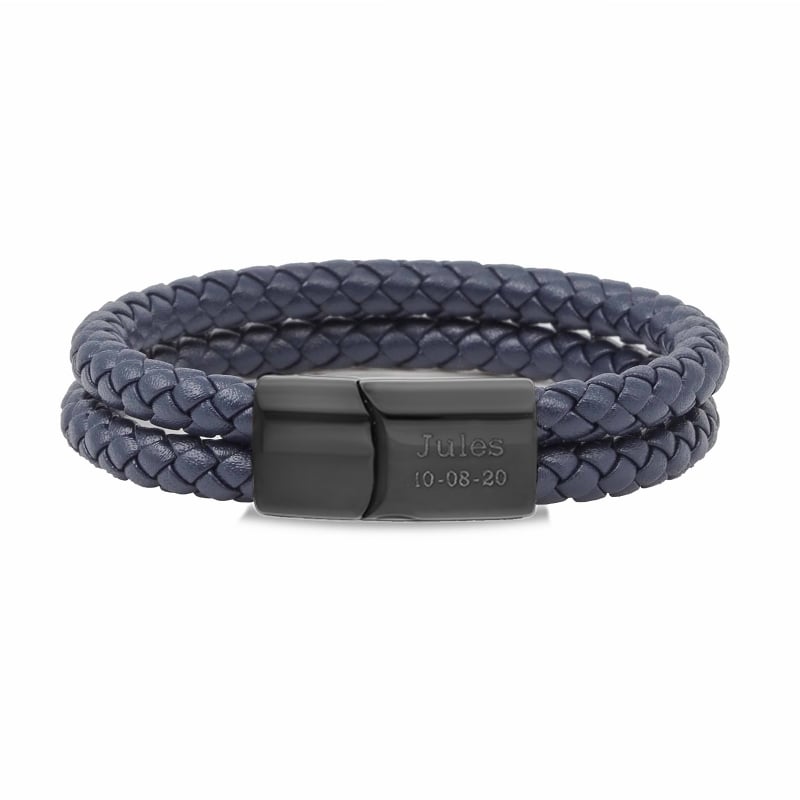 Bracelet homme personnalisable en cuir bleu tressé, double tour avec boucle noire