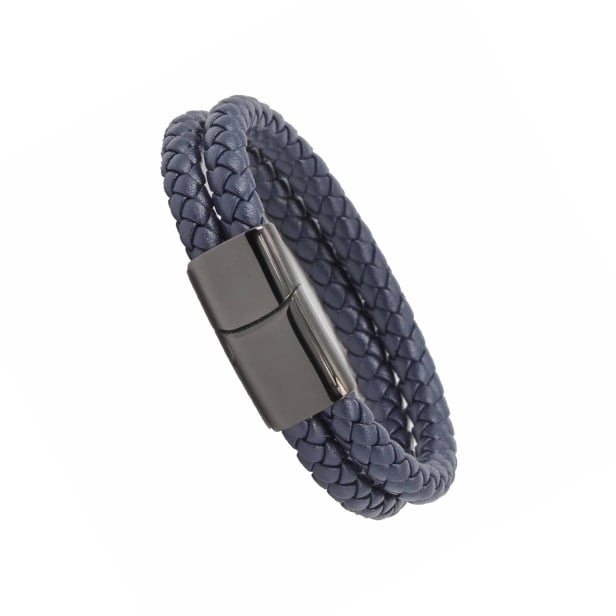 Bracelet homme personnalisé en cuir tressé double tour bleu, boucle noire