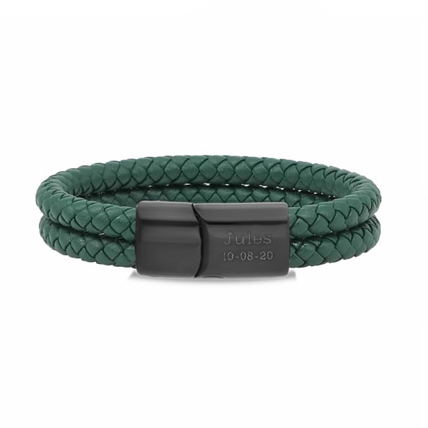 Bracelet homme personnalisé en cuir vert tressé, double tour avec boucle noire