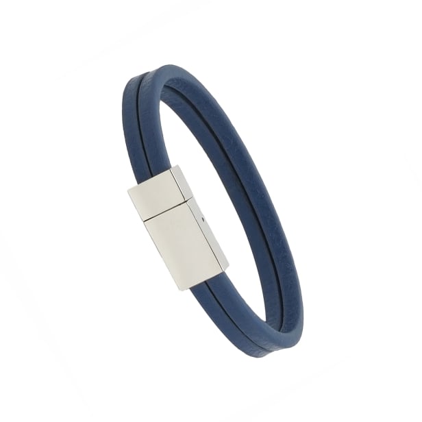 Bracelet homme personnalisé, cuir plat bleu double tour, boucle acier