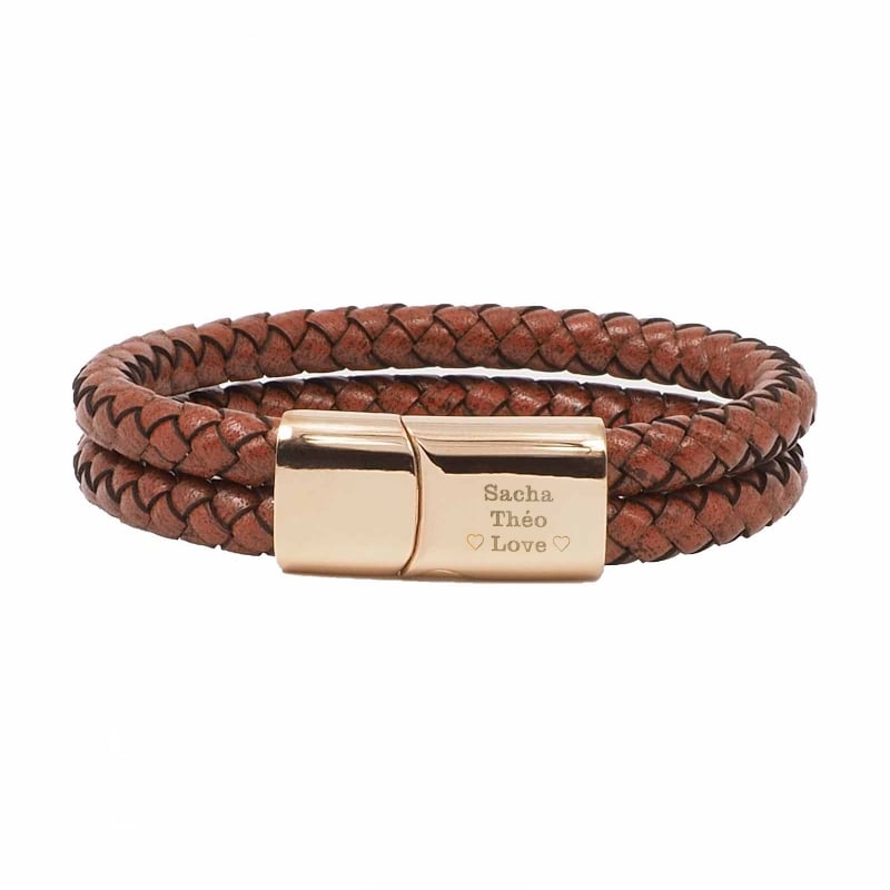 Bracelet homme personnalisé en cuir tressé double tour marron, boucle rosée