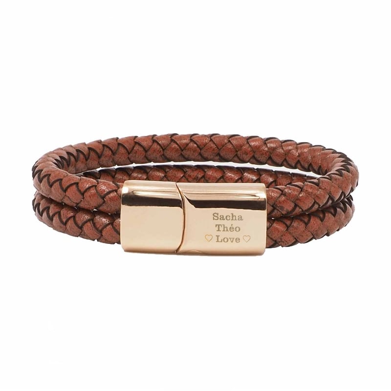 Bracelet homme personnalisé en cuir marron tressé, double tour avec boucle rosée