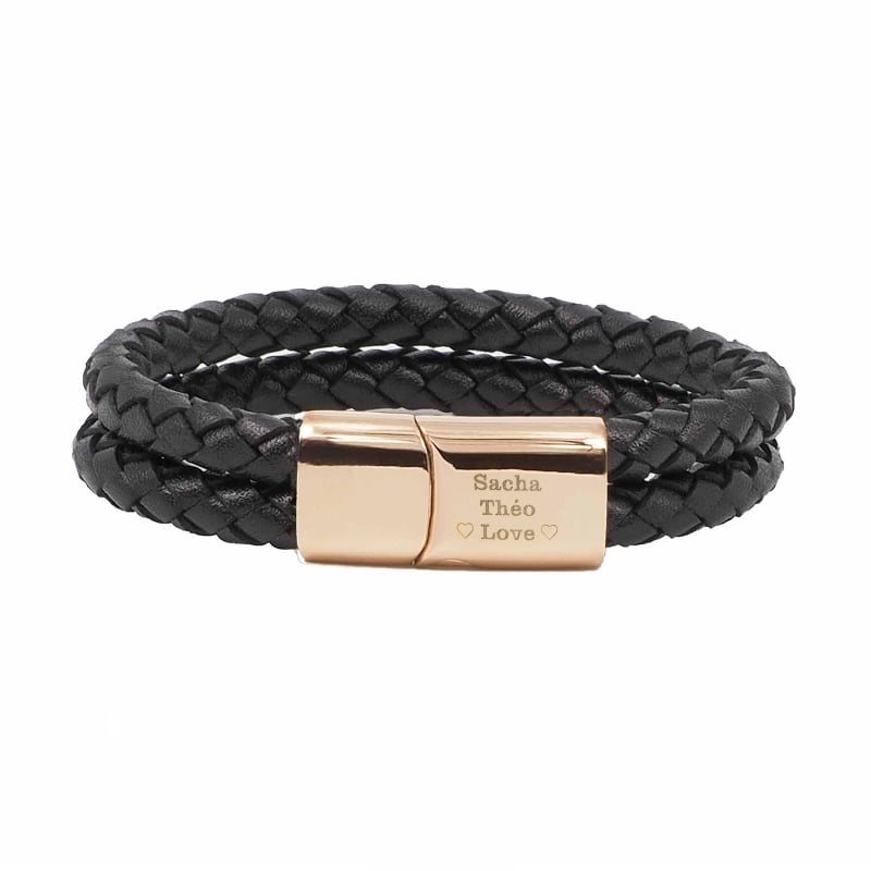 Bracelet homme personnalisé en cuir tressé double tour noir, boucle rosée