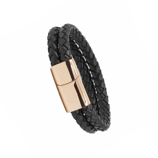 Bracelet homme personnalisé en cuir tressé double tour noir, boucle rosée