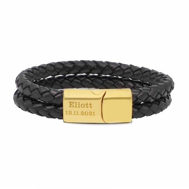 Bracelet homme personnalisé en cuir noir tressé, double tour avec boucle dorée