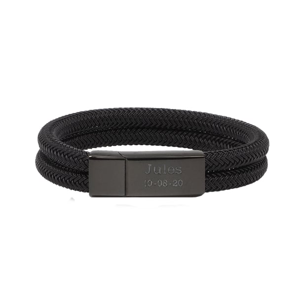 Bracelet homme personnalisable noir métal tressé, double tour avec boucle noire