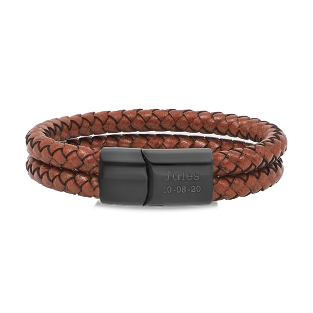 Bracelet homme personnalisé en cuir marron tressé, double tour avec boucle noire