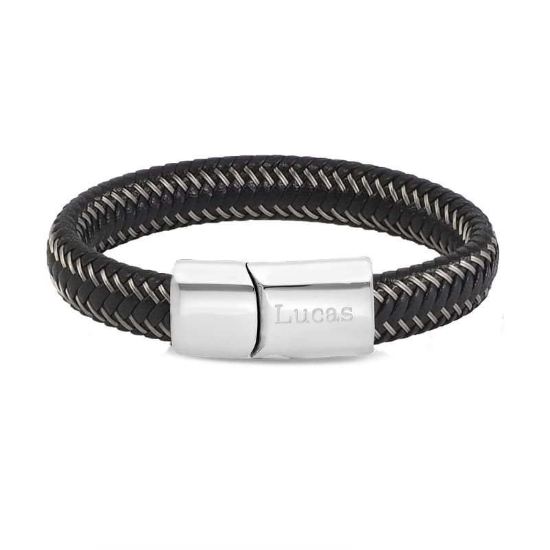 Bracelet homme personnalisé en cuir tressé noir et acier et boucle acier argenté