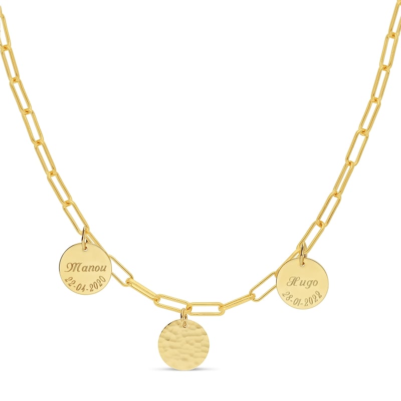 Collier personnalisé maille trombone triple médailles 15 mm en Plaqué Or
