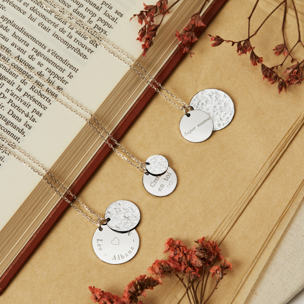 Collier personnalisé médailles martelée et classique, argent