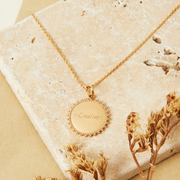 Collier personnalisé médaille soleil, plaqué or