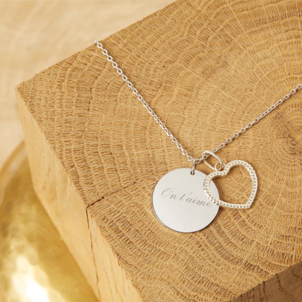 Collier personnalisé médaille lisse et charm coeur ajouré, argent
