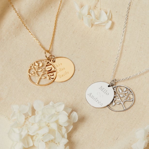 Collier gravé double médaille lisse et pendentif arbre de vie, argent