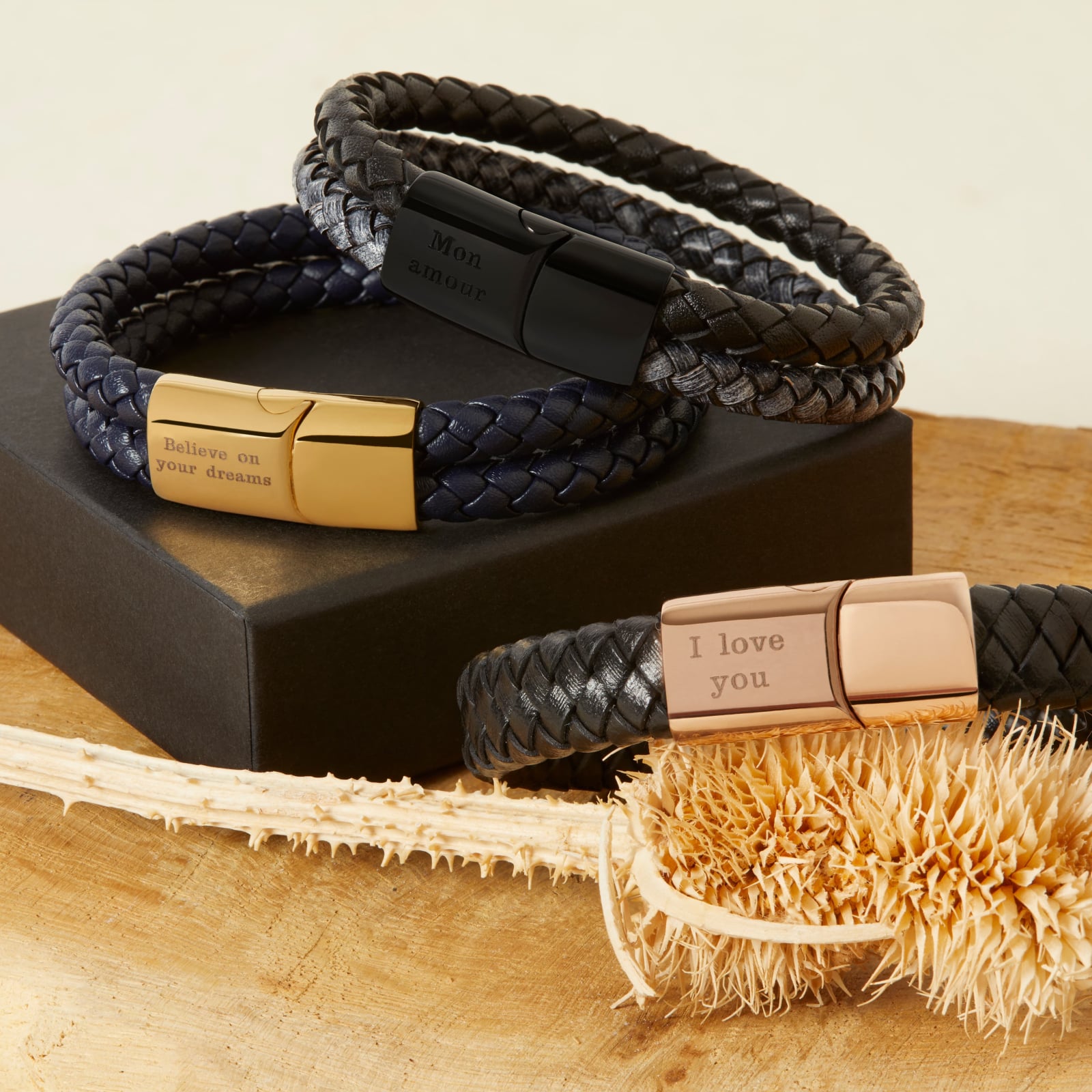 Bracelet Homme Personnalisé En Cuir Tressé Double Tour Noir, Boucle Noire