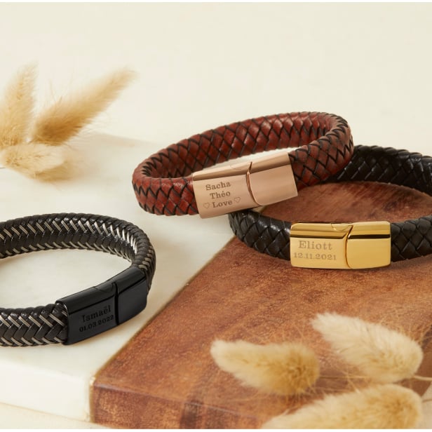 Bracelet homme personnalisé en cuir tressé marron, boucle rosée