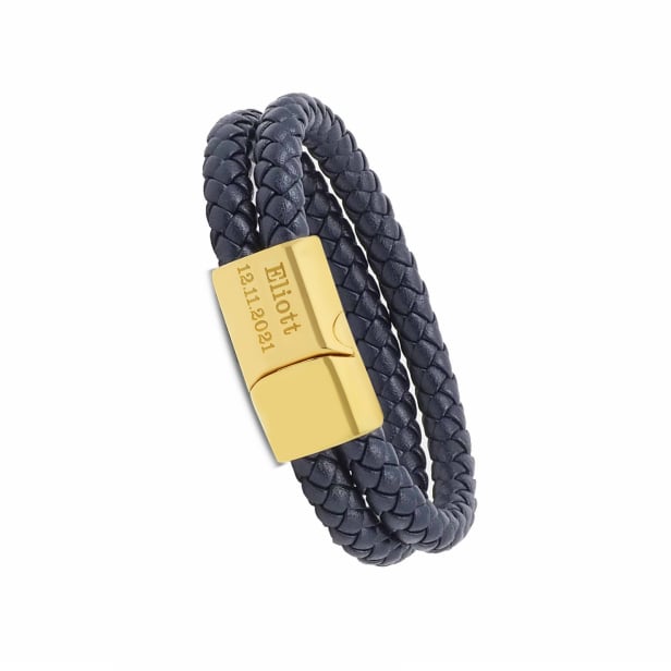 Bracelet homme personnalisé en cuir tressé double tour bleu, boucle dorée
