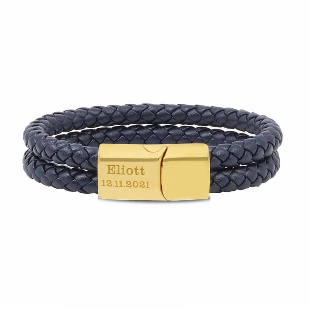 Bracelet homme personnalisable en cuir bleu tressé, double tour avec boucle dorée