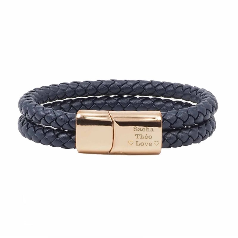 Bracelet homme personnalisé en cuir tressé double tour bleu, boucle rosée