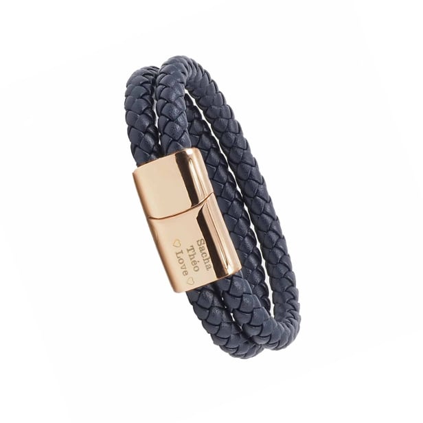 Bracelet homme personnalisé en cuir tressé double tour bleu, boucle rosée