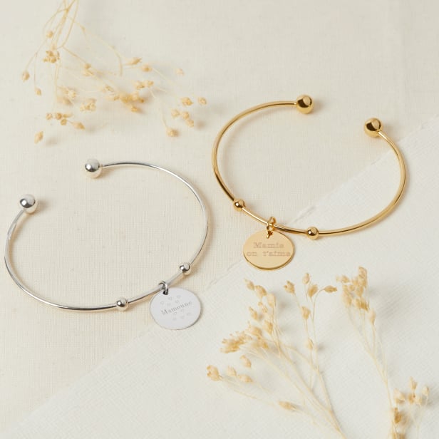Bracelet jonc ajustable médaille personnalisée, plaqué or