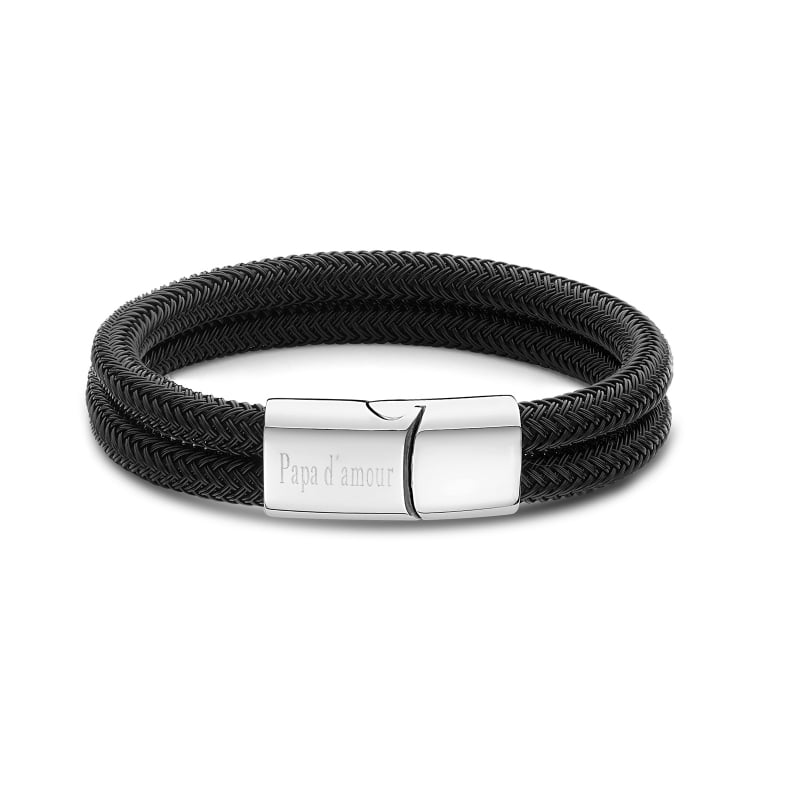 Bracelet homme personnalisé en métal noir tressé, double tour avec boucle argentée